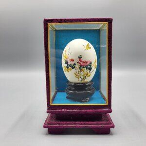 Vintage Chinese Hand Painted Decorative Egg In Display Case Floral Butterfly